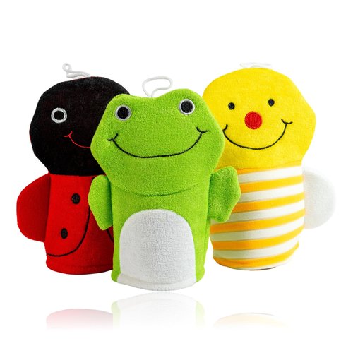 Made Easy Kit Hand Puppet Bath Wash Mitt Towel with Animal Designs with Loofahs for Fun Interactive Bathing Time (Red Green Yellow (No Loofah))