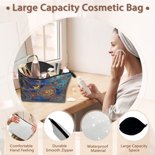 Makeup Bag Blue Gold Mandala Cosmetic Bags for Women Mini Portable Boho Flower Travel Toiletry Bag Organizer Make up Brushes Aesthetic Accessories Waterproof Storage Bags