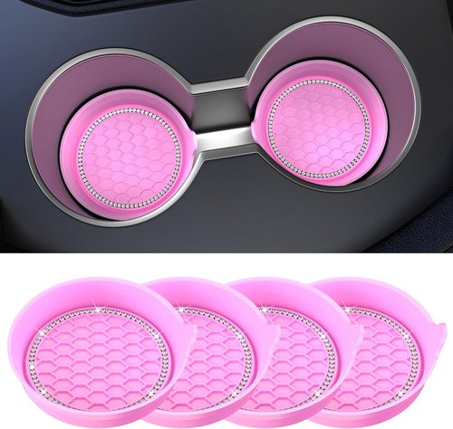 Amooca Car Cup Coaster - Universal Non-Slip Holders with Bling Crystal Rhinestones | 4 Pack Pink