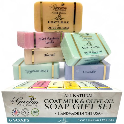 The Grecian Soap Company Goat Milk and Olive Oil Bar Soap – 6-Pack (5 Ounces Each, total 30ozs.) – Moisturizing Body Wash, Bar Soap for Bath and Shower, Goat Milk, Non-Toxic, Made in USA