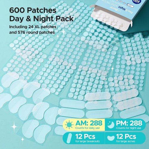 LitBear Pimple Patches for Face, 600 Counts Day and Night Acne Patches, Hydrocolloid Patches for Covering Zit and Blemishes, Large Breakouts, 5 Sizes Thin & Thick Spot Dots Stickers for Chin, Forehead