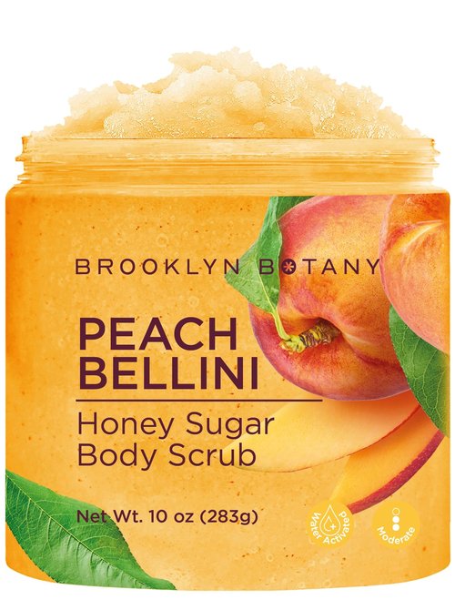 Brooklyn Botany Peach Bellini Honey Sugar Scrub for Body 10 oz – Deeply Hydrating and Gently Exfoliating Body Scrub for Women and Men – Moisturizing and Nourishing the Skin