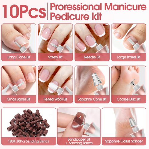 Haootadiy Electric Nail Drill File, Cordless Electric Nail Filer Buffer with Nail Drill Bits Sanding Bands Professional Manicure Pedicure Set for Nail Grind Trim Polish, for Women & Men