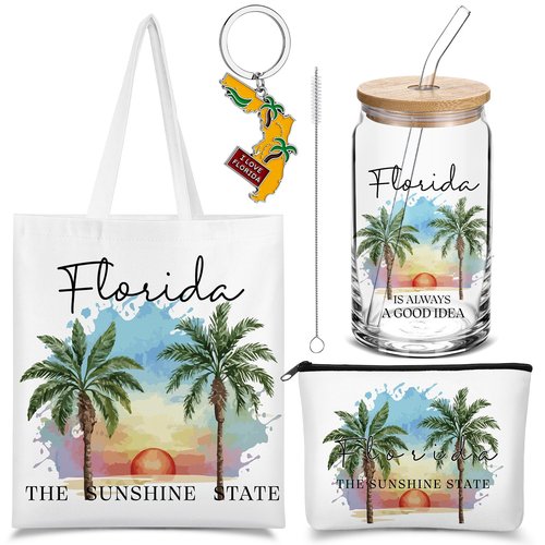 Chuangdi 4 Pcs Florida Travel Gifts Set Canvas Bag Cosmetic bag 16 oz Tumbler and Keychain Florida City Souvenirs for Christmas Traveler Friend Lover Sister Gifts