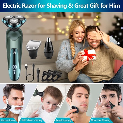 Electric Razor for Men, Electric Shavers for Men's Faces, 3D Rotary for Shaving with Nose Trimmer, Wet/Dry Mens Shaver, Waterproof Mens Razors for Shaving Gifts for Husband, Dad, Boyfriend