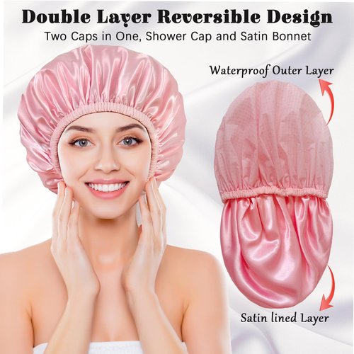 choshion Shower Cap for Women, Shower Caps Reusable Waterproof, Large Plastic Satin Lined Shower Cap for Braids Long Hair