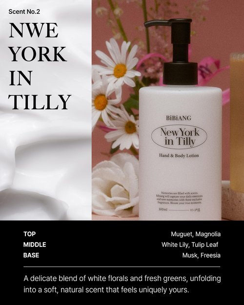 BiBiANG New York in Tilly Body Lotion - Korean Body Care for Moisturizing & Nourishment - Hydrating Body Care Formula with Floral Lily Scent, Shea Butter & Jojoba Oil - 10.82 fl.oz
