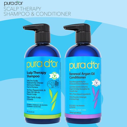 PURA D'OR Scalp Therapy Shampoo & Conditioner Set - Hydrate & Nourish Dry, Itchy Scalp | 16oz x 2, All Hair Types