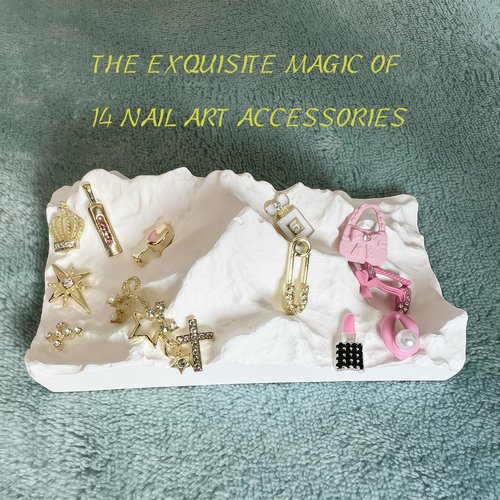 Pizadix 84 pcs 3D Gold Pink Nail Charms Y2K Set Cute Nail Charms with Stars, Crowns, Crosses,Bins,Lollipops, Lips, Bottles, Cups, Perfume, Lipsticks, Bags, and Heels for Nail Art