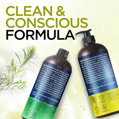 Tea Tree Rosemary Shampoo & Conditioner Set - Nourishing Castor Oil for All Hair Types | Paraben & Sulfate Free (16 Oz Each)