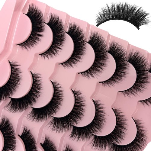 loladook Cat Eye Lashes Natural Look Short Fluffy 16mm Faux Mink Full Strip Lashes Pack 3D C Curl Volume Fox Eye False Eyelashes 14 Pairs