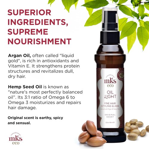 MKS Eco Oil Light - Hair Styling Elixir with Moroccan Argan & Hemp Seed Oil - 2 fl oz | Nourishes Fine Hair, Controls Frizz, Vegan & Cruelty-Free