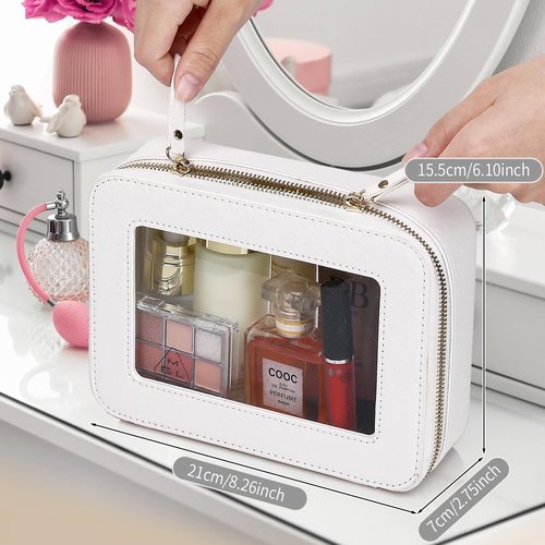 LOFOWN Clear Makeup Bag Women's Waterproof Travel Cosmetic Case and Toiletry Bag Portable Makeup Organizer Bag Car Essential with Zipper (White, M-1)
