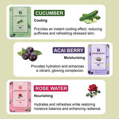 PB&Jay Purenature Hydrate and Calm Facial Mask - 12 Pack Acai Berry,Vita c,retinol and more, Made in Korea, Face Mask Skincare for Hydration, Skincare Face Mask, Moisturizing Mask for Sensitive Skin