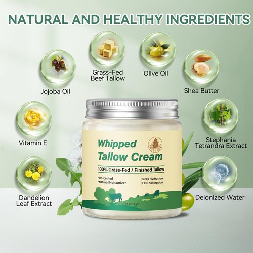 Letscarey Beef Tallow for Skin, Organic Grass Fed Whipped Beef Tallow Balm for Face & Body, Natural Unscented Tallow Face Moisturizer Cream Deeply Nourishes and Hydrates the Dry Skin, 4oz