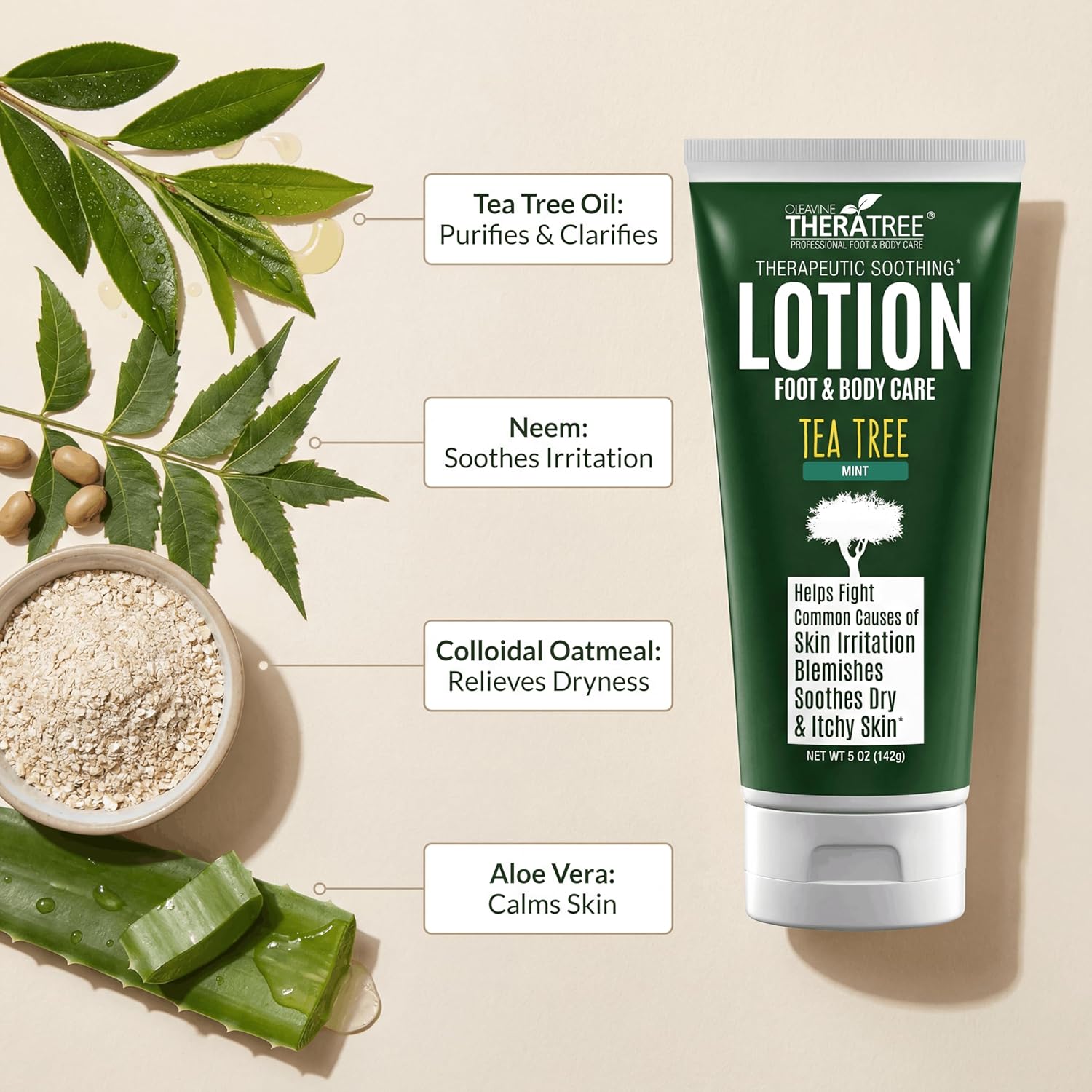 TheraTree Tea Tree Oil Lotion - Soothing Moisturizer with Neem Oil & Aloe Vera for Dry Skin | 5 oz