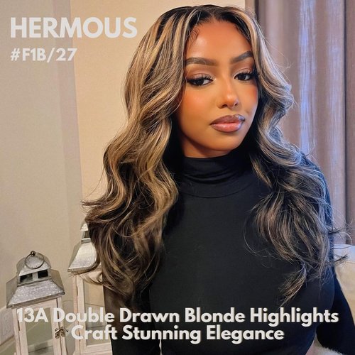 HERMOUS 13A Double Drawn FB/27 Human Hair Bundles Body Wave Blonde Highlight Color, Honey Blonde with Black Single Bundle Human Hair 100% Unprocessed Hair Colored Single Bundle Wavy Sew In 10 Inch