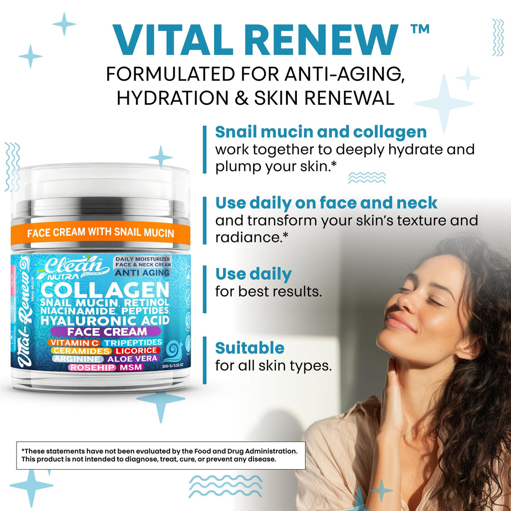 Vital Renew Snail Mucin Collagen Face Cream Daily Moisturizer Retinol Anti Aging Face Cream Niacinamide Peptides Hyaluronic Acid Vitamin C MSM Tripeptides Ceramides Licorice Arginine Aloe Vera