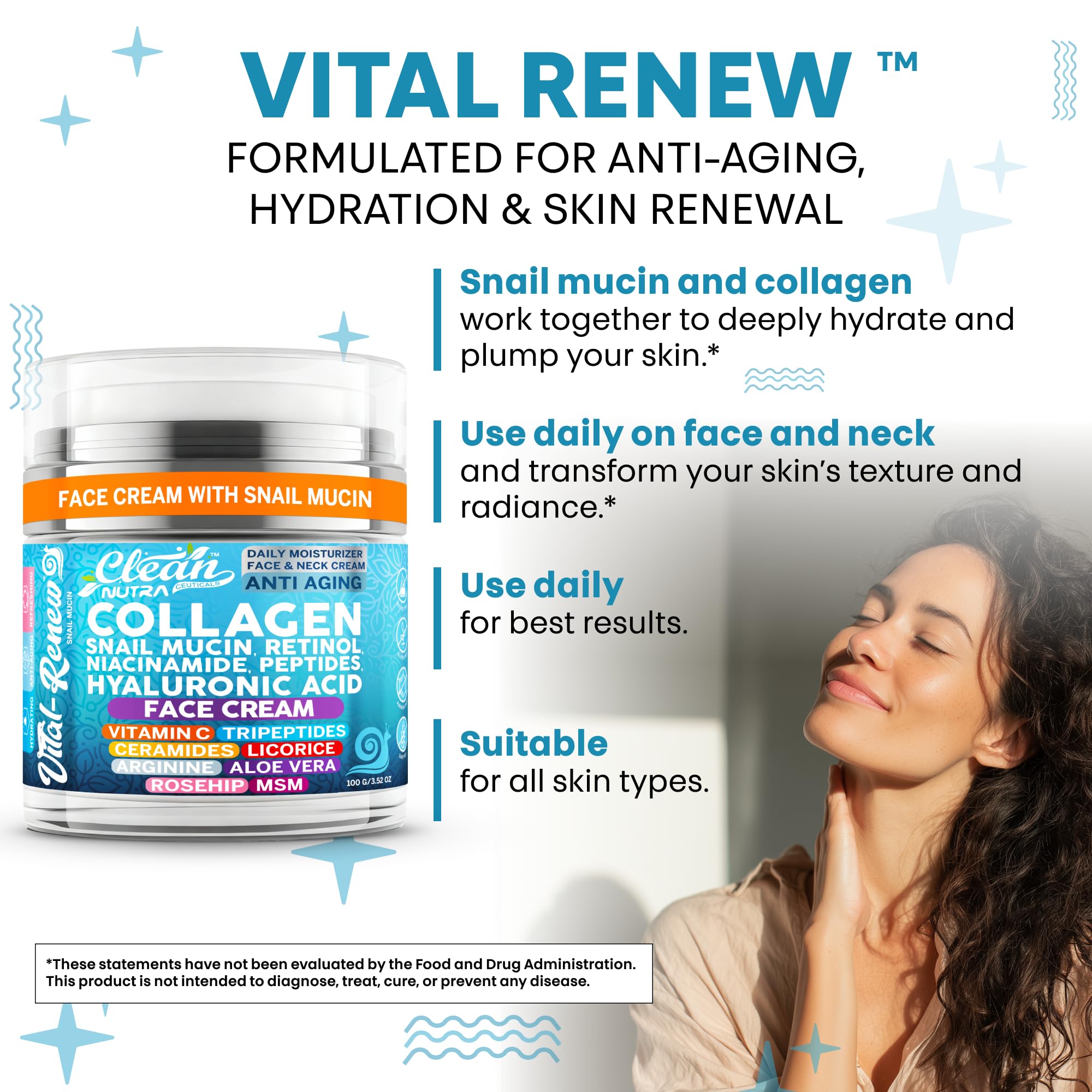 Vital Renew Snail Mucin Collagen Face Cream Daily Moisturizer Retinol Anti Aging Face Cream Niacinamide Peptides Hyaluronic Acid Vitamin C MSM Tripeptides Ceramides Licorice Arginine Aloe Vera