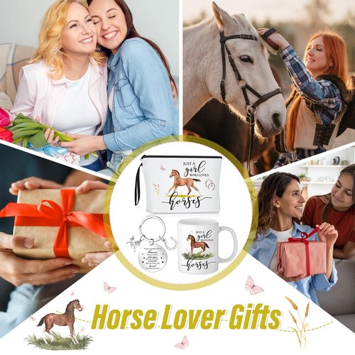 Crtiin 3 Pcs Horse Gifts for Women International Women's Day 11 oz Coffee Mug Travel Cosmetic Bags Makeup Zipper Pouch Inspirational Keychain Thank You Gifts for Mother's Day Birthday Coworkers
