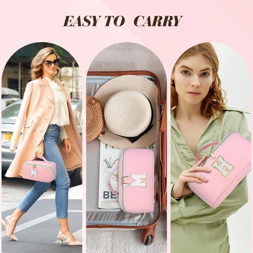 for Valentines Day Gifts, Makeup Bag for Women, PU Leather Travel Toiletry Bags, Initial Make Up Cosmetic Pouch for Teen Girls, Wide Open Portable Skincare Bag, Personalized Birthday Gifts, Pink M