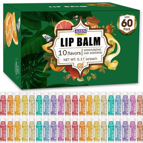 AZEN 60 Pack Lip Balm, Natural Lip Balm Bulk, Lip Care Product, Moisturizing Lip Balms for dry cracked lips, Valentines Gifts Easter Basket Stuffers - 10 Flavors