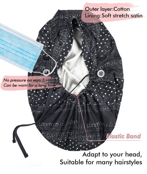 Large Satin Scrub Cap for Ponytail Women Silk Nurse Work Bonnet for Long Braids Hair Head Cover Black White