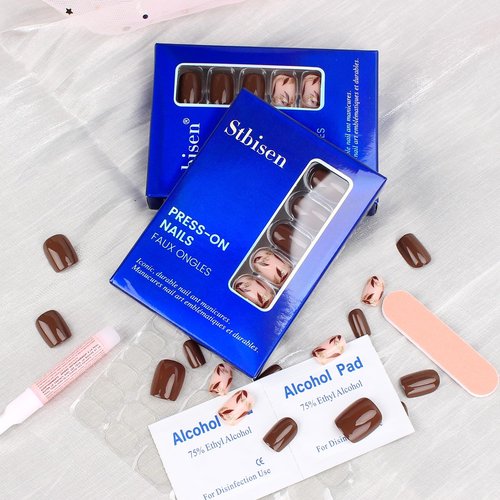 Skiennix Dark Brown Press-On Nails - Short Square Soft Gel with Gold Leaf Accents & Glitter | 30PCS Reusable Kit