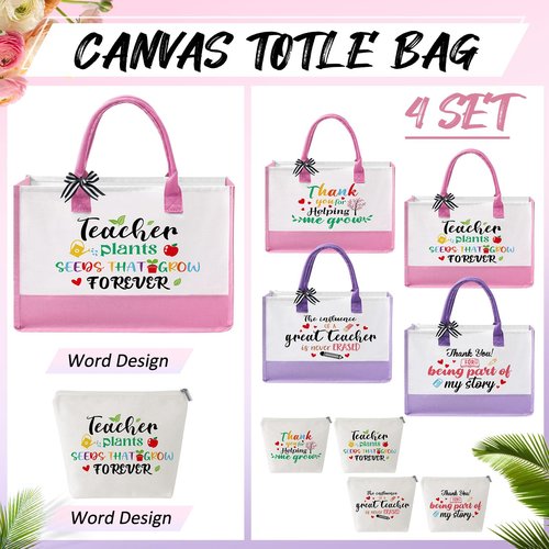 Hillban 4 Set Teacher Appreciation Valentines Gift Bulk Thank You Teacher Tote Bags Embroidery Inspirational Cosmetic Bag for Women (Pink,Purple)