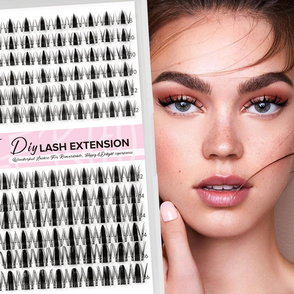 WLFRHD Manga Lash Clusters Kit DIY 144Pcs Fairy Eyelash Clusters Natural Lashes Kit with Anime Lash Clusters Bond and Seal, Remover and Tweezers for Invisible Band Eyelash Extensions Kit(D-Mix8-16mm)