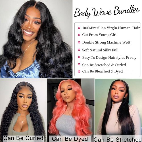 12A Human Hair Bundles 14 16 18 Inch Body Wave Bundles Human Hair Unprocessed Brazilian Virgin Hair 3 Bundles Weave Extensions Real Human Hair Natural Black Color Bundle