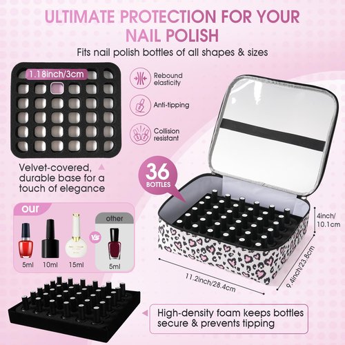 DERSTUEWE Nail Polish Organizer Case – Waterproof Travel Bag with Hard Bottom – Double Layer Nail Storage Bag with Adjustable Dividers & Nail Lamp Compartment (Multi Print)