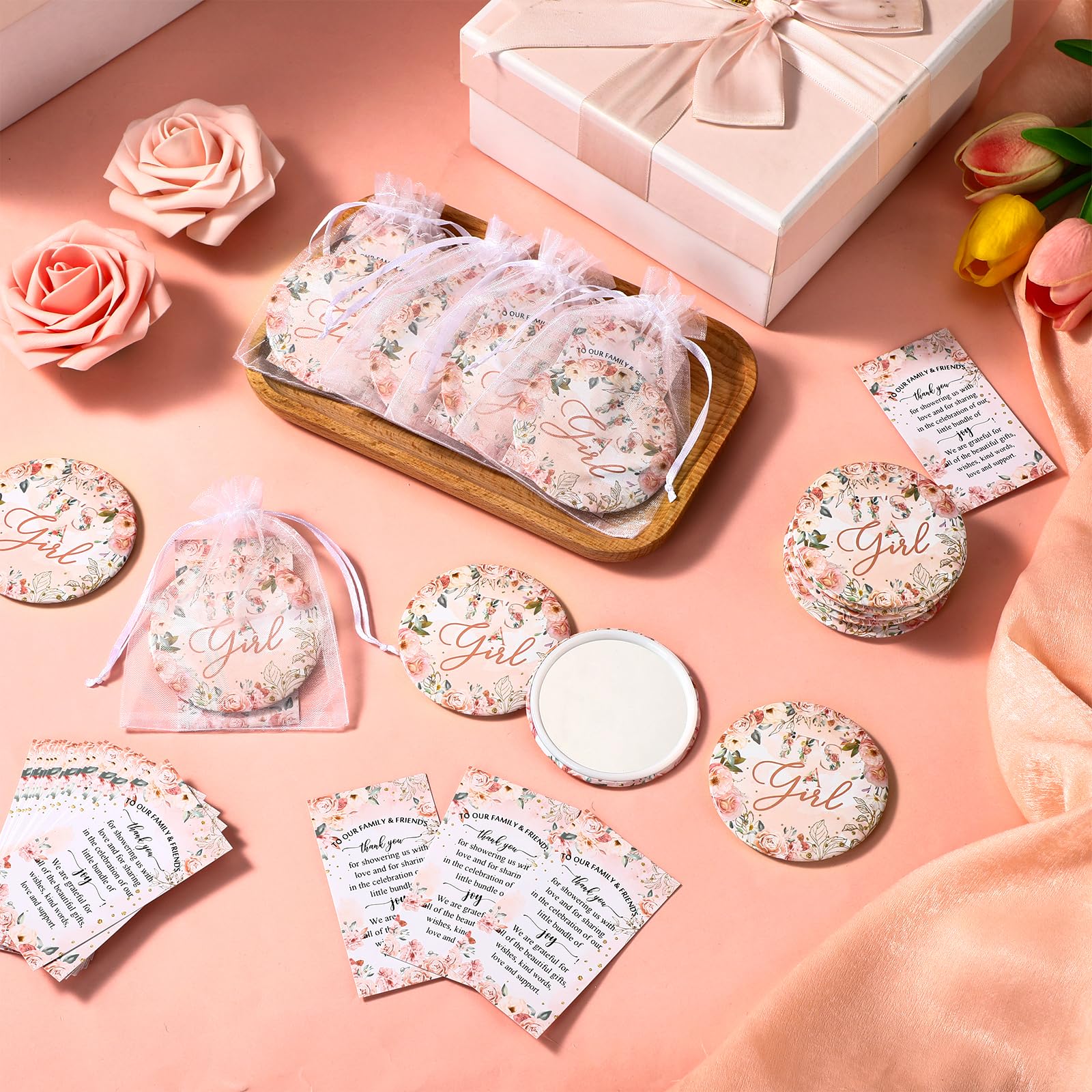 Yuntau 36 Sets Baby Shower Favors Bulk Small Compact Mirrors with Thank You Cards Organza Bags Mini Pocket Makeup Mirrors Return Gift for Guests Girl Boy Wedding Gender Reveal Party(It's A Girl)