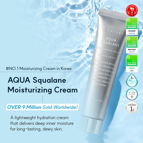 S. Nature AQUA SQUALANE MOISTURIZING CREAM | Face Moisturizer for Dry and Sensitive Skin, Vegetable Squalane 150,00ppm, Long-lasting Hydration, Pore Care Cream, Korean Skin Care (2.02 Fl Oz, 60ml)