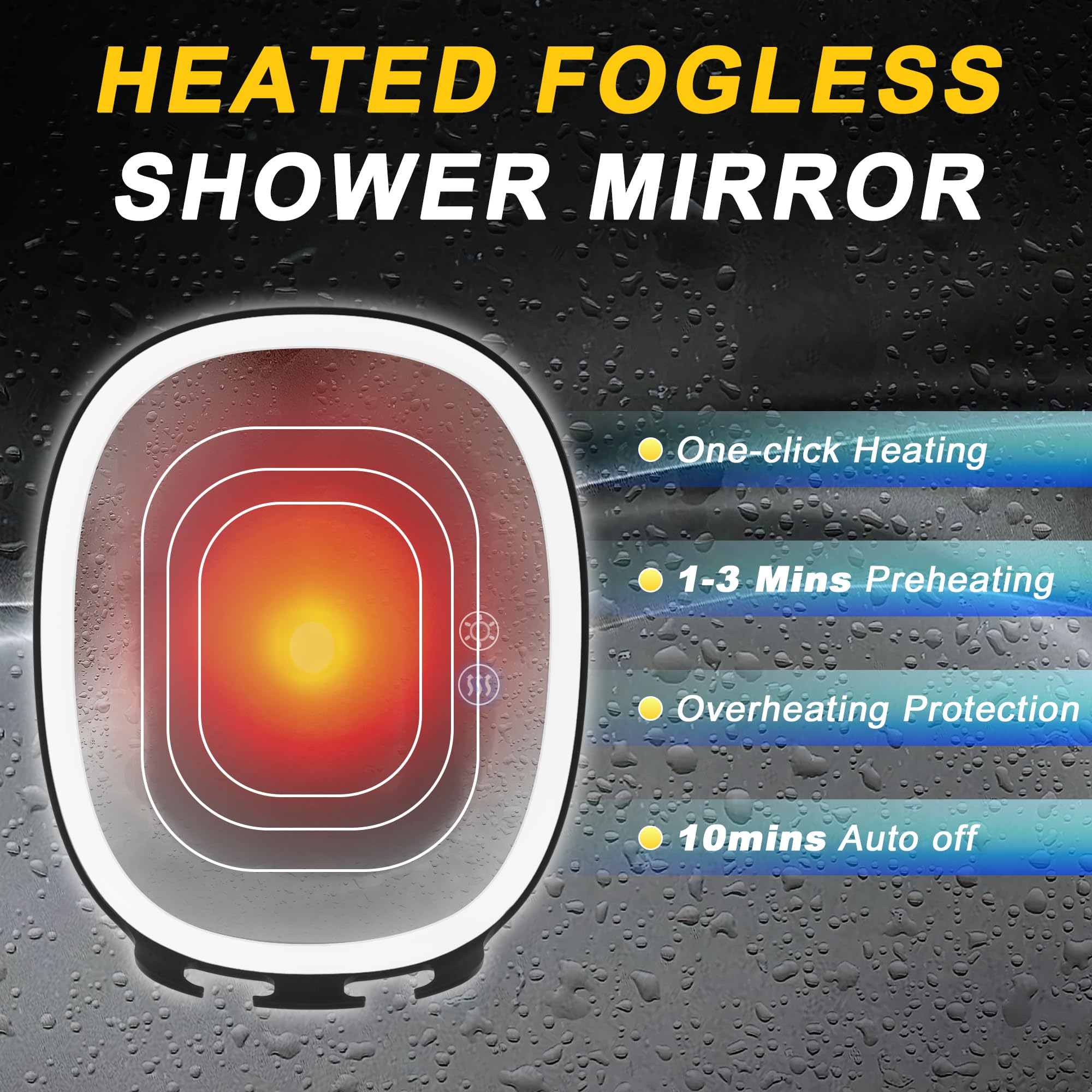 VOCOSTE Shaving Mirror for Shower Fogless, Heated Anti-Fog Mirror with 3-Color Dimmable LED Lights, 360° Rotation & 2 Weeks Runtime 5000mAh, Shower Mirror for Shaving Men, 2 Razors Holders