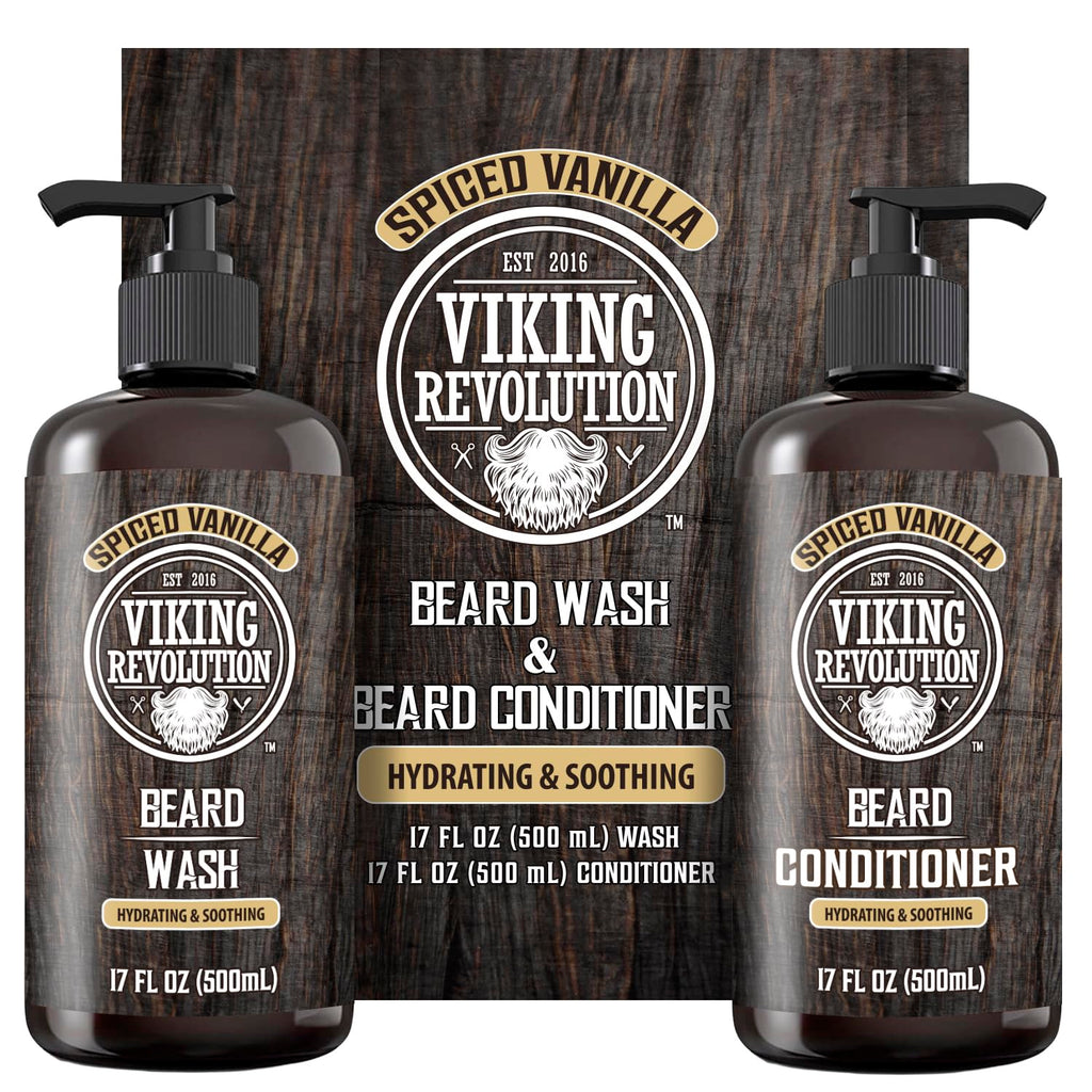 Viking Revolution Beard Wash and Beard Conditioner for Men with Argan Oil and Jojoba Oil - Beard Softener and Strengthener Beard Care Beard Shampoo and Conditioner with Beard Oil (17oz Spiced Vanilla)