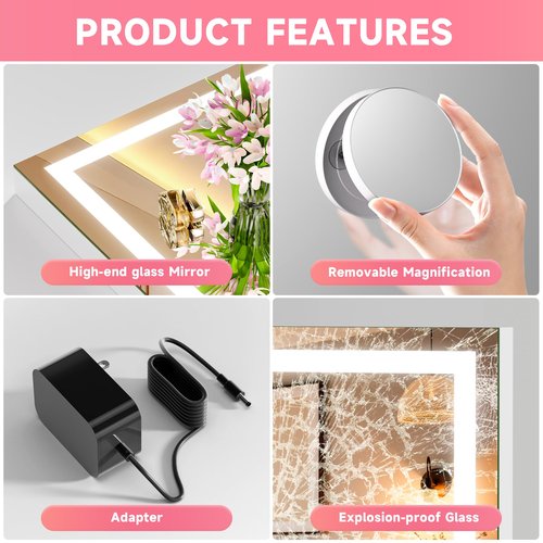 Batuso Vanity Mirror with Lights, 32" x 22" LED Makeup Mirror with 10X Magnification, Dimmable 3 Modes, Memory Function, Smart Touch, USB Charging Port, Lighted Makeup Mirror Square White