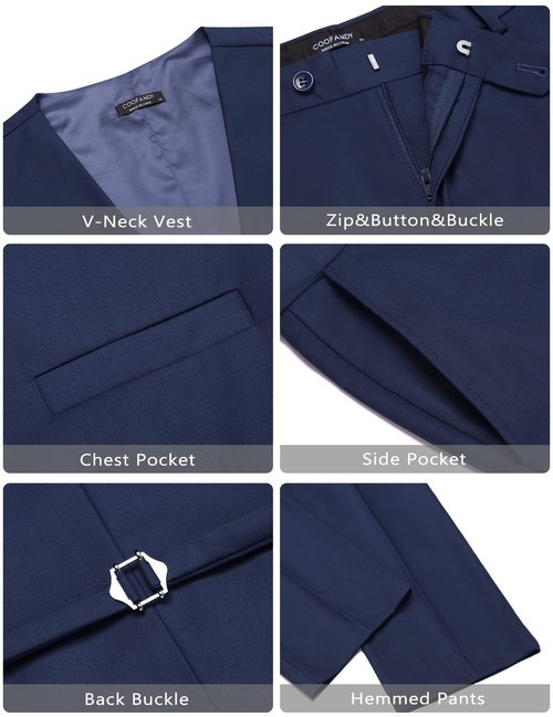 COOFANDY Mens Suit Shawl Lapel Tuxedo Wedding Prom Jacket Vest Trousers Bow Tie Navy Blue Large