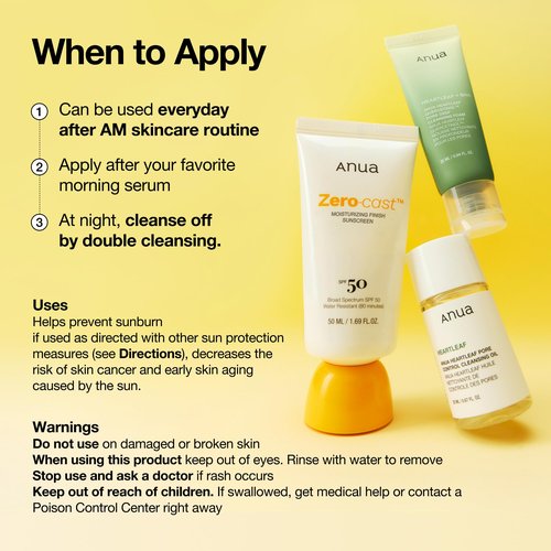 Anua Zero-Cast Moisturizing Finish Sunscreen,SPF 50, Glow Natural Sunscreen,No White Cast, Hyaluronic Acid, Niacinamide Sun Block For face,Oil-Free, Oxybenzone Free, Travel Essential (50ml/1.69fl.oz)