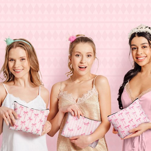 Kacctyen 6 Pack Pink Coquette Bow Makeup Bag Preppy Cosmetic Bags Zipper Pouch Travel Toiletry Bag Pink Trendy Pouch Bag Gift for Coquette Birthday Paty Favor Girls Travel Storage Accessories