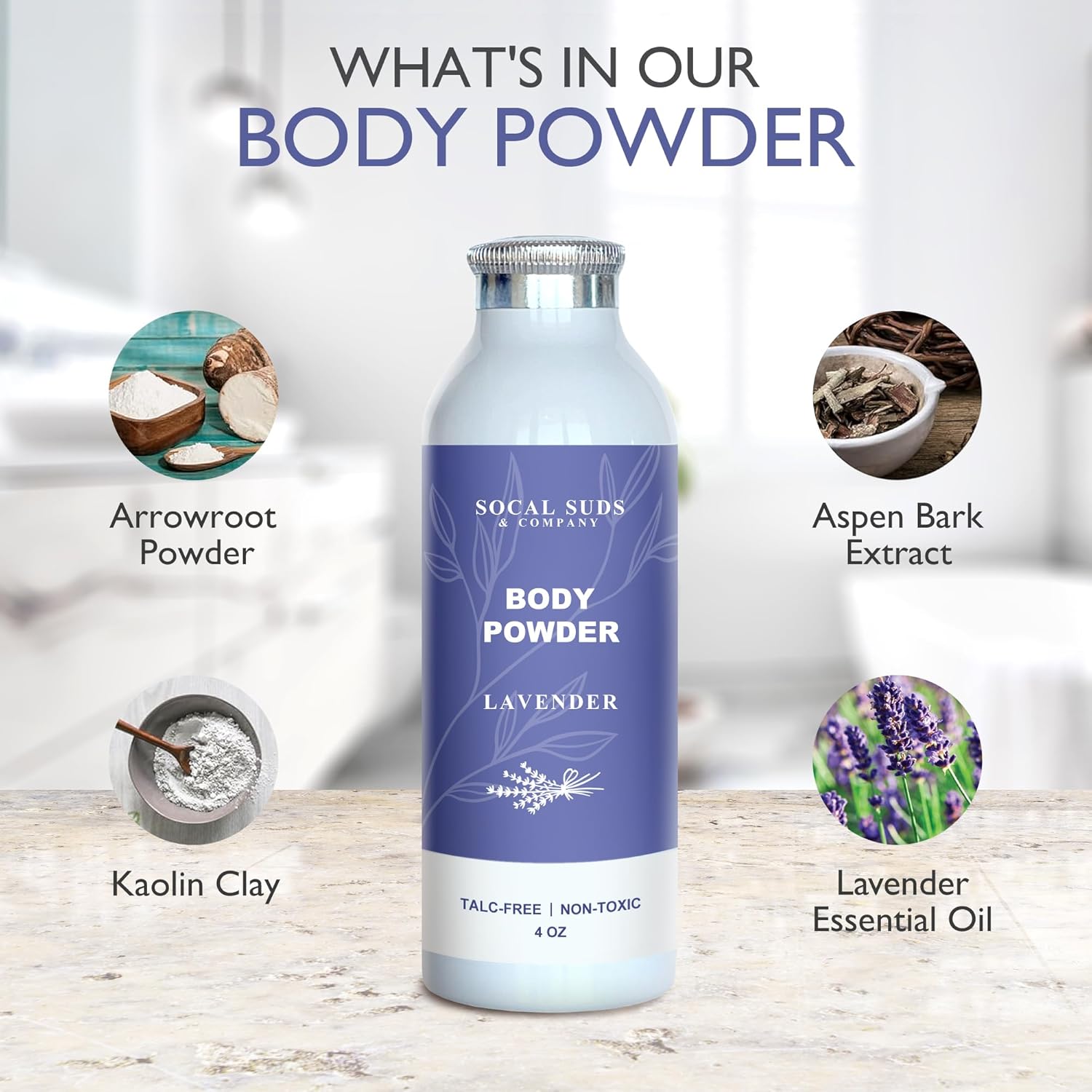 SoCal Suds & Company Natural Body Powder - Talc-Free Lavender Formula for Soft, Soothing Skin | 4oz