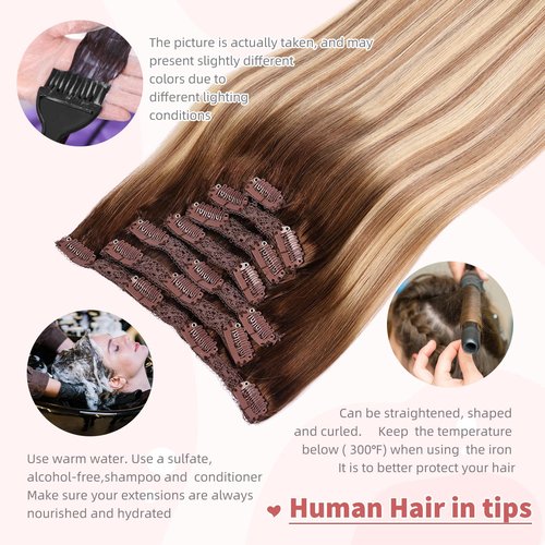 DIYOMO human hair clip in extensions Soft&Natural clip in hair extensions real human hair 120g 7pcs Straight&Invisible (14Inch #3822)