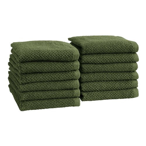 Great Bay Home 100% Cotton 12-Pack 13x13 Wash Cloth - Absorbent, Quick-Drying, Durable Face Towels for Bathroom Decor - Low-Twist, Two-Ply Fibers (Forest Green)