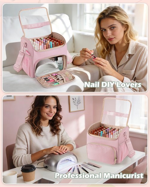 Prokva Nail Polish Organizer Bag Holds 42 Bottles(15ml/0.5 fl.oz), Double Layer Nail Storage Case for Gel Polish and Manicure Tools, Travel Nail Bag, Pink