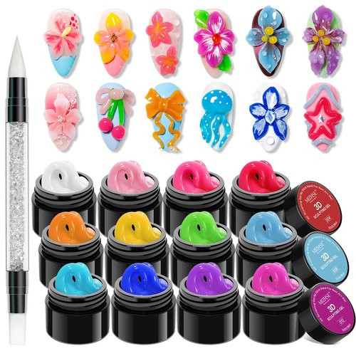 MIZHSE 12 Colors 3D Nail Gel Set, Non-Sticky Sculpting Gel for Nail Art Painting Molding Gels with Sculpture Pen Soak Off U V Sculpting Gels for Home DIY Salon Manicure