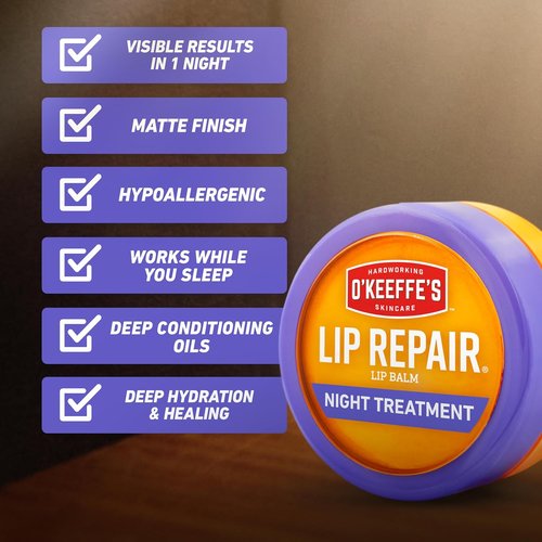 O'Keeffe's Lip Repair Night Treatment Balm - Moisturizing Relief for Dry, Cracked Lips | 0.25 Ounce Jar (2 Pack)