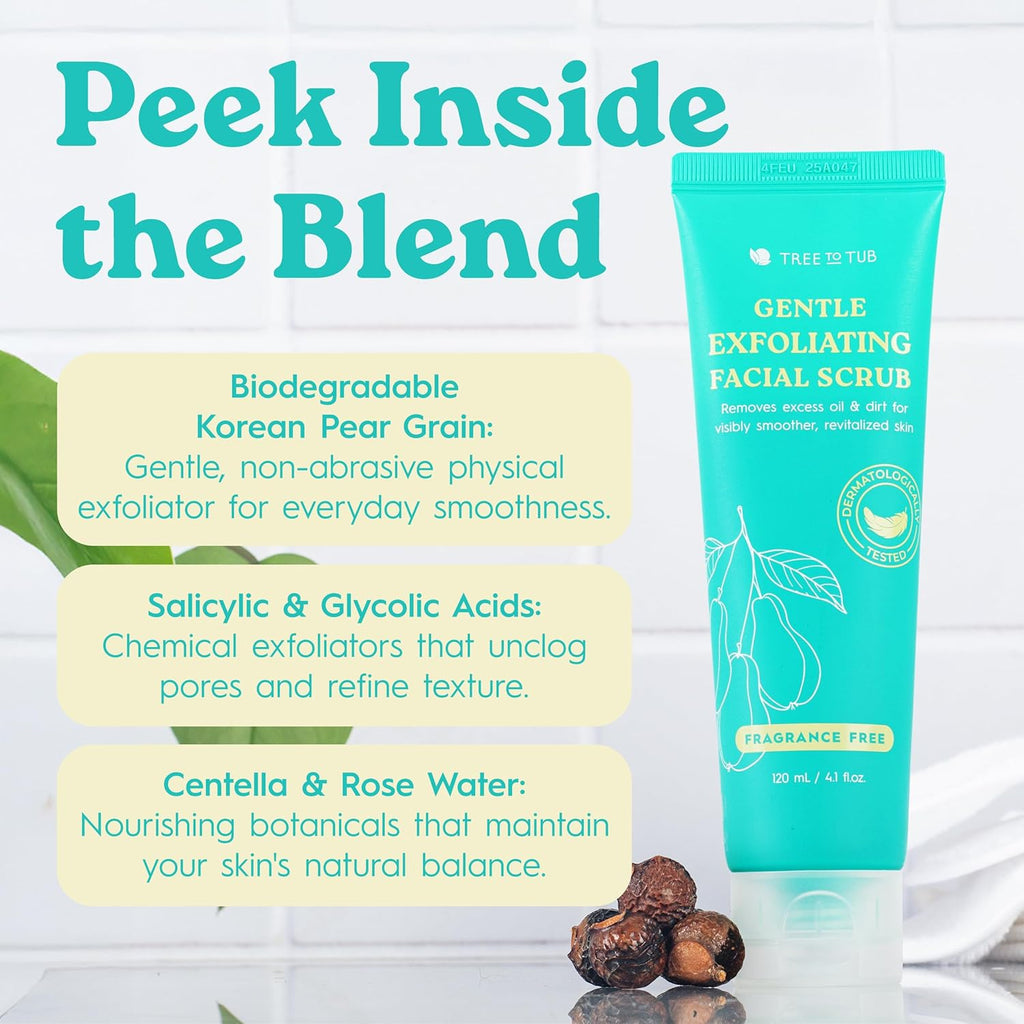 Tree To Tub Exfoliating Face Wash - Gentle Salicylic Acid Facial Scrub for Glowing Skin - Non-Irritating for All Skin Types