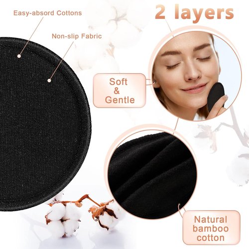 Foaincore Reusable Makeup Remover Pads - 40 Soft Bamboo Cotton Rounds with Storage Bag | Black