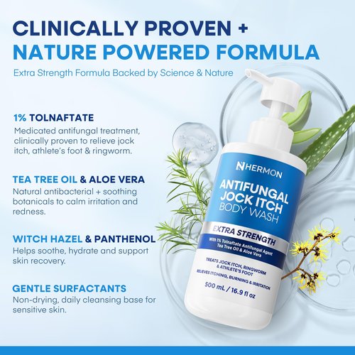 Hermon Antifungal Body Wash for Jock Itch: Tea Tree oil Body Wash for Jock Itch, Ringworm, Back Acne, Athlete's Foot, Tinea - Medicated Soap for Men and Women