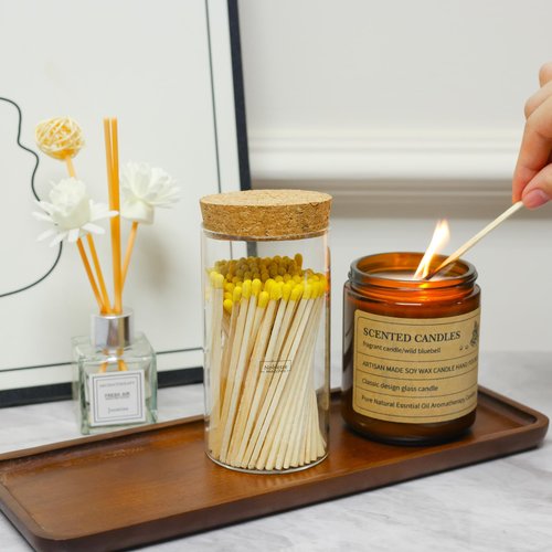 Meya Luxury Colored Safety Matches | 4-Inch Long Matches in Glass Jar | Perfect for Lighting Candles | 150 PIECES | 10 CANDLES AND EXTRA EMPTY JAR GIFT (YELLOW)